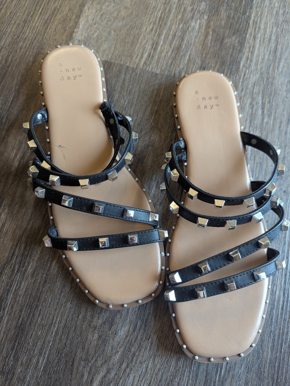 a new day Black Studded Multi-Strap Slide Sandals with Tan Footbed